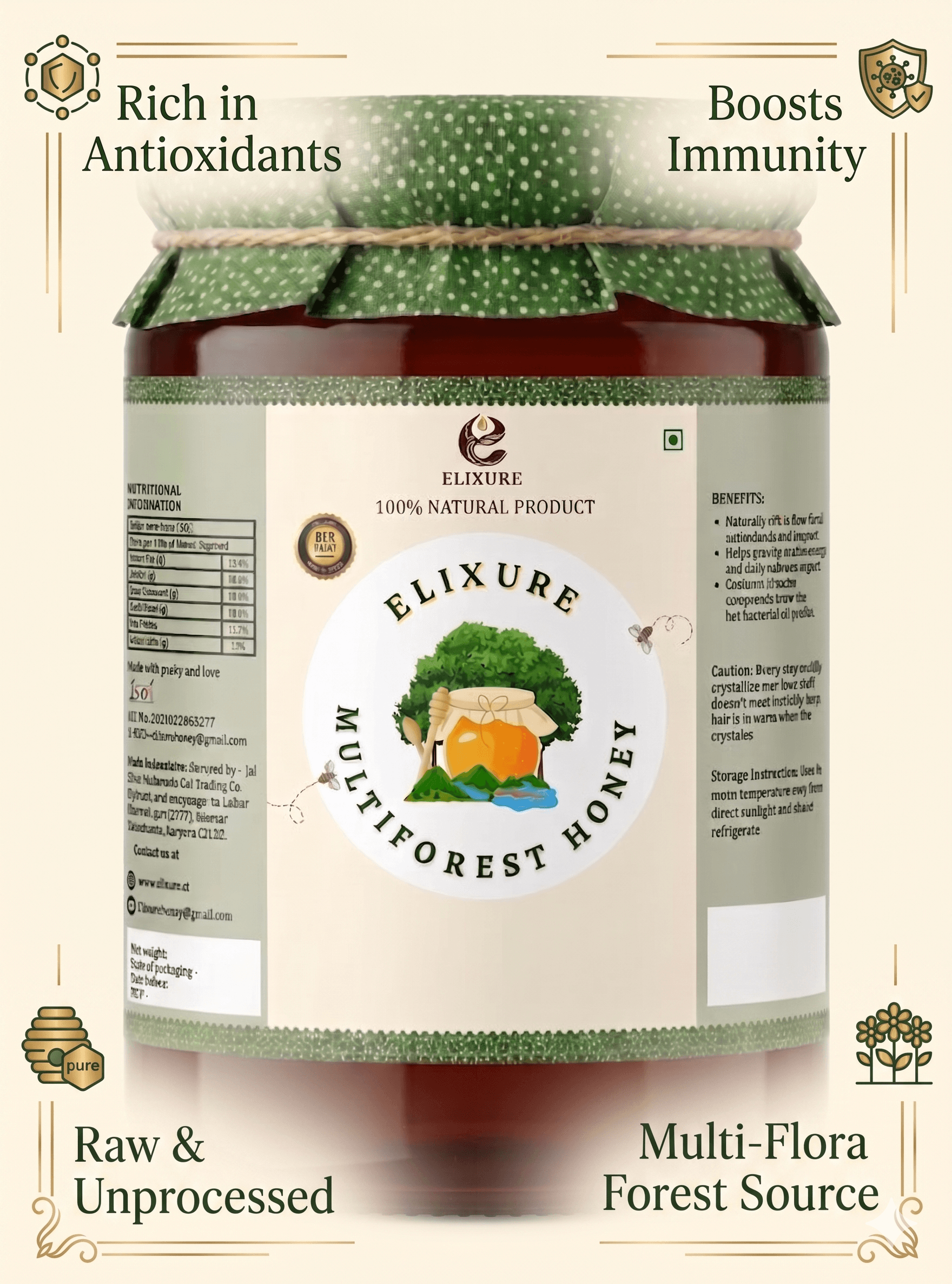 ELIXURE label detail showing benefits and nutrition